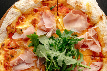 Italian pizza with cheese and prosciutto. restaurant menu