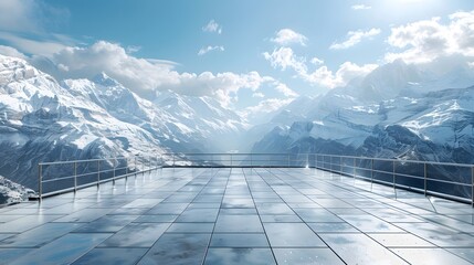 Empty square floor with a panoramic view of snowcapped mountains in the background. This scene creates a sense of grandeur and serenity against nature's backdrop.