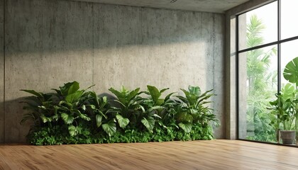 Wood with plant interior mockup with blank wall