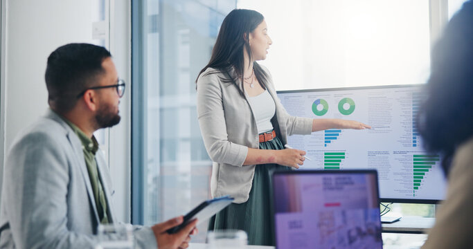 Data analytics, business meeting and people with graph presentation in office for revenue, profit or sale statistics. Chart, analysis or accounting team brainstorming economy, inflation or solution