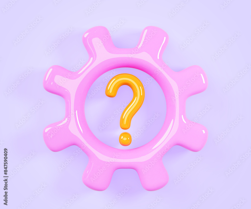 Aufkleber pink gear with gold question mark on purple background 3d render icon. cogwheel mechanism with ask f