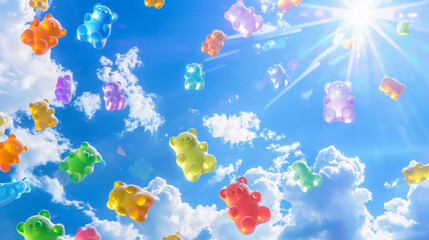 Sunny sky with colorful gummy bear rain