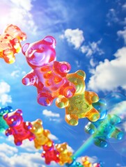 Levitating colorful gummy bears with lens flare