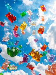 Ascending gummy bears with blue sky and clouds