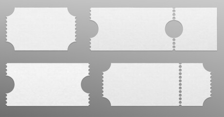 White textured coupon or ticket 3d mockup. Realistic vector illustration set of blank paper voucher template with perforated edges and tear place. Badge for concert, cinema entrance or lottery raffle.