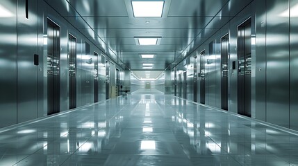 Fototapeta premium A long row of hightech, stainless steel safe boxes is set against the backdrop of an empty room with glossy floor and ceiling. This scene emphasizes how modern safety fixtures.