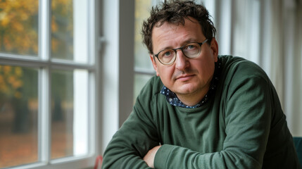Obraz premium A man in his late thirties, wearing glasses, is seated in front of a window