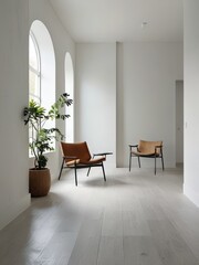 Minimalist Living Room Interior with Arched Windows and Leather Chairs.