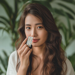 Smiling woman holding pill blister pack