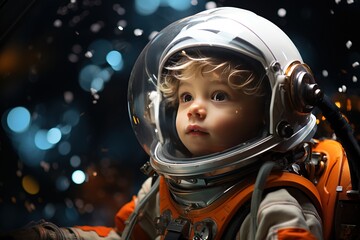 Young optimistic boy in orange spacesuit in space ship sitting, in the style of movie still, extremely gendered, dark themes, transcendental