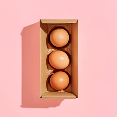 Eggs in a box with abstract light, isolated illustration of fresh chicken eggs in brown shell, vector sphere with red and yellow tones