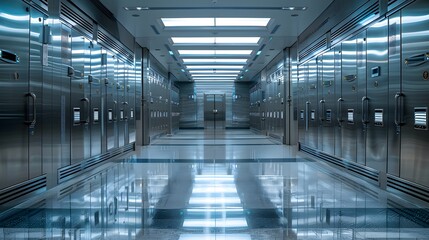 Fototapeta premium A long row of hightech, stainless steel safe boxes is set against the backdrop of an empty room with glossy floor and ceiling. This scene emphasizes how modern safety fixtures.
