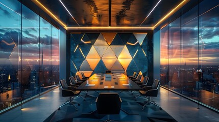 A modern conference room with triangular glass panels on the wall, showcasing geometric shapes and sharp angles. the sleek black furniture around an elegant wooden table.