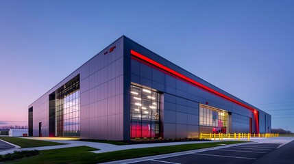 Obraz premium A modern hangar with LED lighting, illuminated by the setting sun, is located on an industrial site in the style of empire architecture.