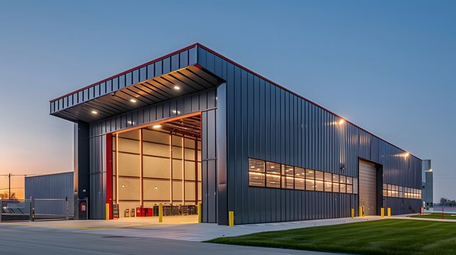 A modern hangar with LED lighting, illuminated by the setting sun, is located on an industrial site in the style of empire architecture.