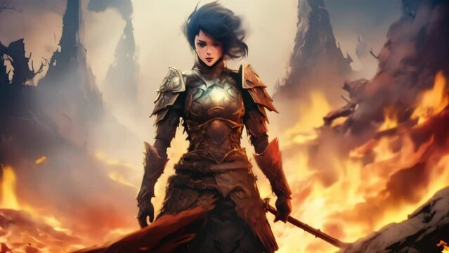 A powerful image of a warrior woman standing amidst a fiery battleground, clad in detailed armor with a glowing gem at her chest. 