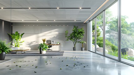 A modern office interior with glass walls, concrete floors and white ceilings. The room is empty of furniture but has plants in vases on the floor. A large window overlooks nature outside.