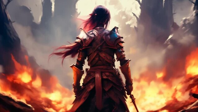 A powerful image of a warrior woman standing amidst a fiery battleground, clad in detailed armor with a glowing gem at her chest. 