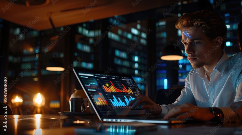 Poster a man is working on a laptop in a dimly lit room. he is focused on the screen, which displays variou