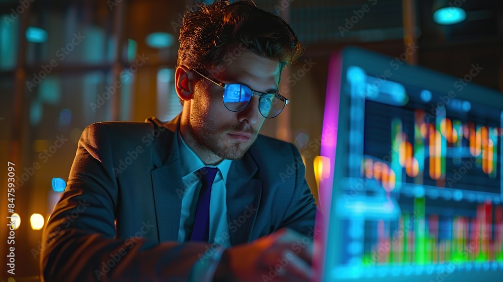 Poster a man is working on a laptop in a dimly lit room. he is focused on the screen, which displays variou