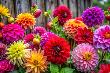 Vibrant dahlia blooms with raindrops in a charming rustic garden.