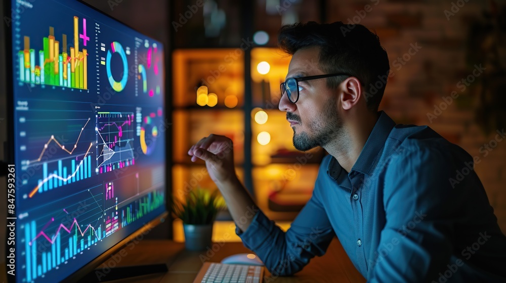 Poster a man is analyzing stock price or business financial charts on a computer monitor. he wears glasses 