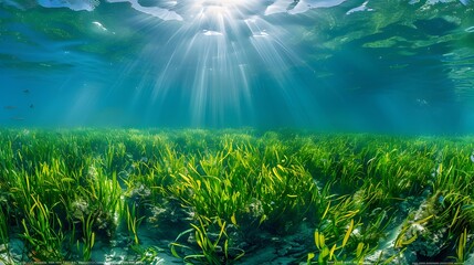 Obraz premium A panoramic view of the underwater landscape, showcasing an expansive seagrass bed with sunlight filtering through clear water.