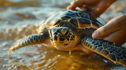 A wildlife conservationist is feeding a rescued sea turtle at a marine sanctuary The ocean waves gently lap the shore, and the turtle looks healthy and content