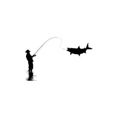 Silhouette of the Fisherman or Angler Catch Fish, can use for Art Illustration, Logo Gram, Sticker, or Graphic Design Element. Vector Illustration