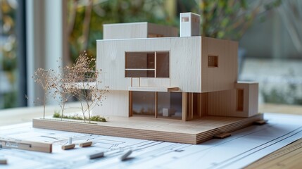 Miniature model of modern house placed on blueprint for building and architecture concept