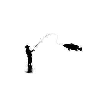 recommend clip art: Silhouette of the Fisherman or Angler Catch Fish, can use for Art Illustration, Logo Gram, Sticker, or Graphic Design Element. Vector Illustration