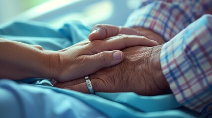 A captivating close-up shot of a patient's hand gently held by a healthcare provider, conveying a sense of comfort and support