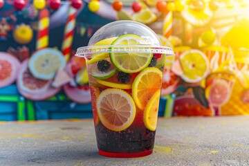 A clear plastic cup with a domed lid, filled with layers of lemon, lime, and berry lemonade, topped with mixed fruit slices, against a carnival backdrop,