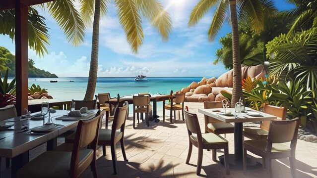 Restaurant with beautiful beach backdrop with smooth quality with 4K video 