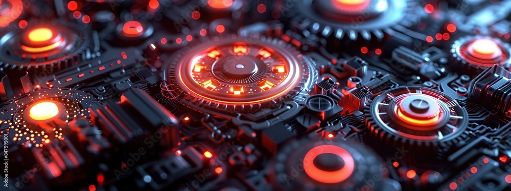 Poster close-up view of a machine with many modern futuristic and industrial gears for technology mechanism