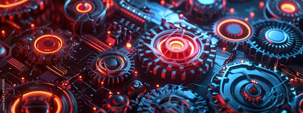 Poster close-up view of a machine with many modern futuristic and industrial gears for technology mechanism