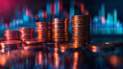 Financial Growth Concept: Coins and Digital Charts Representing Stock Market Trading, with Cash Coins Stack on Dark Gradient Background