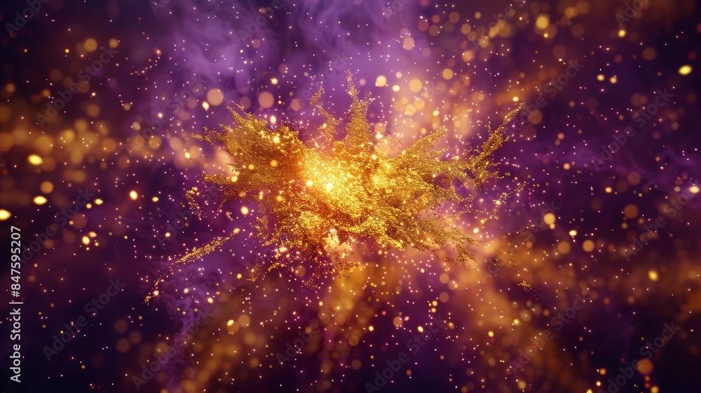 Poster rendering of a gold explosion with glowing particles dispersing in all directions, creating a radiant burst of energy against a clean purple background
