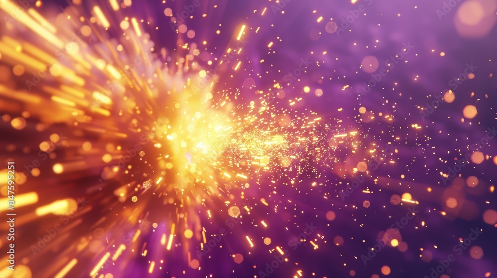 Aufkleber rendering of a gold explosion with glowing particles dispersing in all directions, creating a radiant burst of energy against a clean purple background