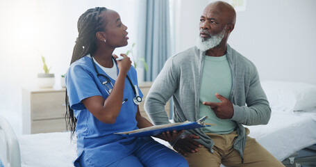 Consultation, senior man and nurse with clipboard, healthcare and questions for medical info. Black...