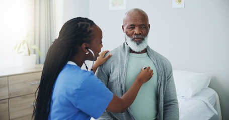 Senior, man and nurse with listening on stethoscope for heartbeat assessment or cardiovascular...