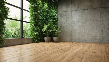 Empty old wood plank wall 3d render, There are concrete floor, Behide the backdrop is a tropical garden, sunlight shine into the room.