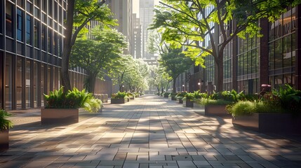 Fototapeta premium A wide street with trees and plants along the sides of buildings, in a commercial downtown office district, with modern urban architecture and daytime lighting.