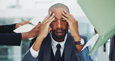 Businessman, headache and stress in office for multitasking, deadline fail or overworked with...