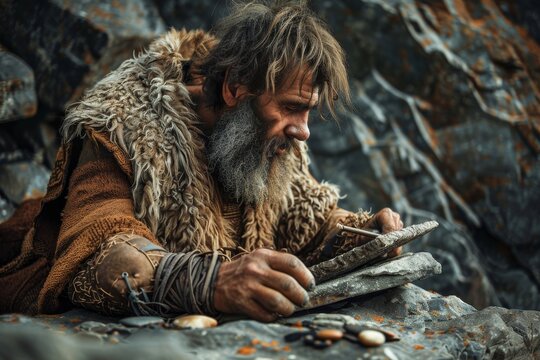 Ancient Stone Age Programmer, Prehistoric Programming, Neanderthal Man Working