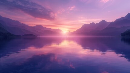 A stunning sunset over a tranquil lake, reflecting the hues of the sky, with a soft purple glow illuminating the surrounding mountains