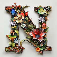 hand drawn alphabet,A close up of a colorful letter N with a flower design generative ai
