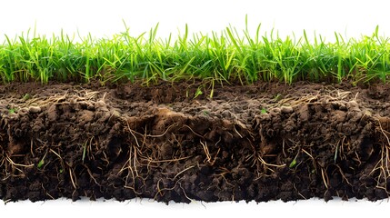 Cutaway of grass and soil, with the underground roots visible in cross-section, set against a white background. nature paths or golf greens on product packaging or marketing materials.
