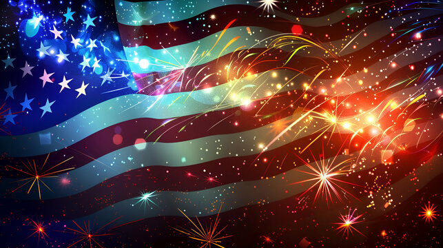 Illustration of fireworks surrounding the American flag on Independence Day