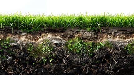 Cutaway of grass and soil, with the underground roots visible in cross-section, set against a white background. nature paths or golf greens on product packaging or marketing materials.